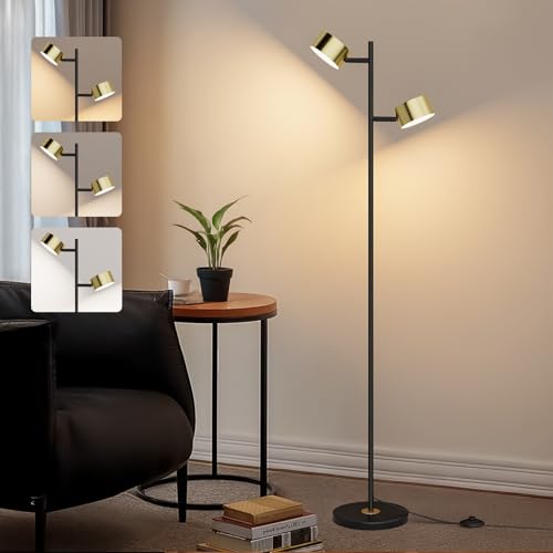 LED Floor Reading Lamp with 3 Color Temperatures, Adjustable Heads Standing Lamp for Living Room Bedroom Office, Minimalist Floor Lamp with Foot Switch, Black