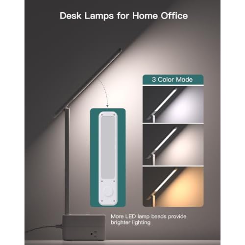 Addtam LED Desk Lamp with Pen Holder, Study Lamps with 3 Outlets 4 USB Charging Ports(2 USBC), 3 Color Modes Desk Light Touch Lamp, Small Desk Lamps for Home Office College Dorm Room Essentials