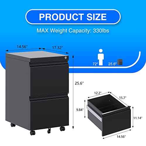 METAN 2 Drawer File Cabinet with Lock, Mobile Under Desk Filing Cabinet for Office Legal/Letter Size, Fully Assembled Except Wheels,Black