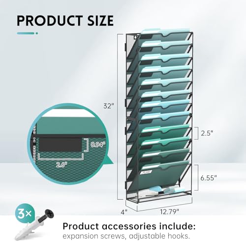 SUPEASY 13-Tier Wall File Organizer, Hanging Wall Files for Papers, Folders, Magazines, Wall Organizer for Clipboard, Assembly Needed, Black