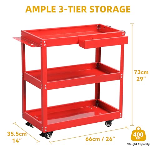DWVO 3-Tier Rolling Tool Cart, 550lbs Capacity Utility Cart on Wheels, Durable Metal Construction with Screwdriver Board & Storage Box, Ideal for Garage, Warehouse Mechanic Work, Red