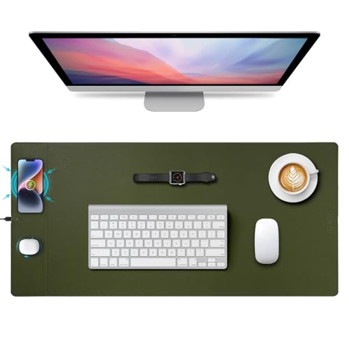 Wireless Charging Mouse Pad, 15W Fast Charge Magnetic Charger Desk Pad, Large Office Desk Mat (35.4"x16.9") with Ultra-Smooth Surface, Military Green Computer Mousepad for MacBook, PC, Laptop