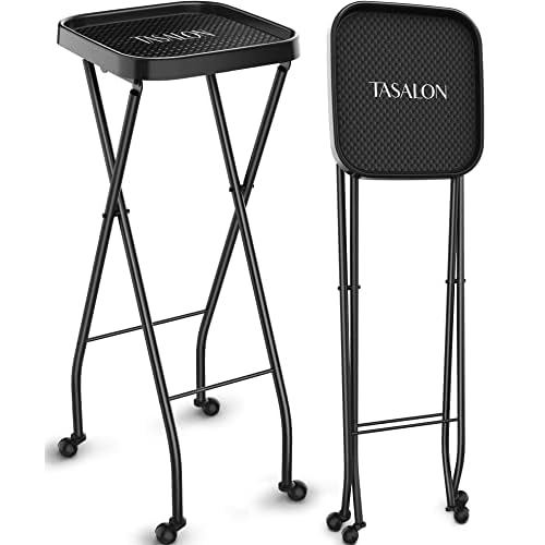 TASALON Black Salon Folding Tray on Wheels, Rolling Service Tray for Beauty, Hair Coloring, Tattoo, Spa & Home, Portable Foldable Cart for Easy Storage and Mobility