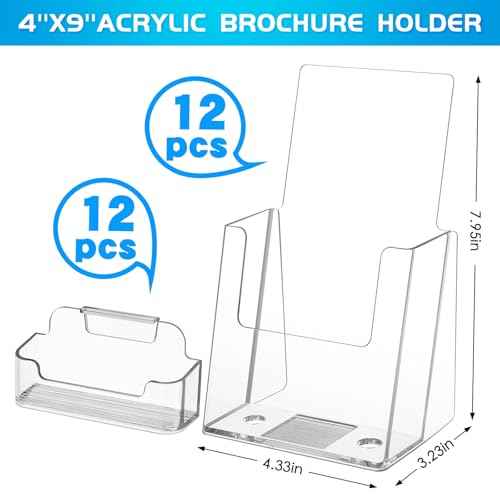 8 Sets Acrylic Brochure Holder 4'' x 9'' Brochure Display Stand Pamphlet Flyer Stand Plastic Flyer Holder with Business Card Case for Magazine Literature Booklets Menu Journals