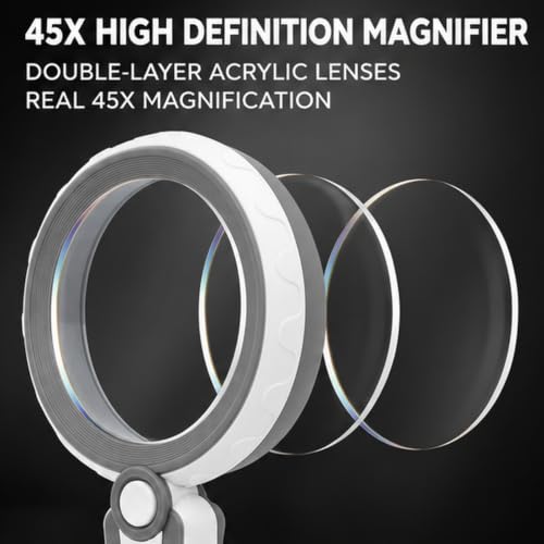 Huiboer 45X Magnifying Glass with Light - Elegant Grey Rechargeable Handheld Magnifier for Reading & Crafts