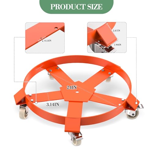 55 Gallon Drum Dolly, 1250 Lb Capacity Barrel Cart with 5 Swivel Casters & Brake, Steel Frame Transport Hand Truck for Industrial Metal/Plastic Drums Storage, Moving, Warehouse, Workshop,2 PCS