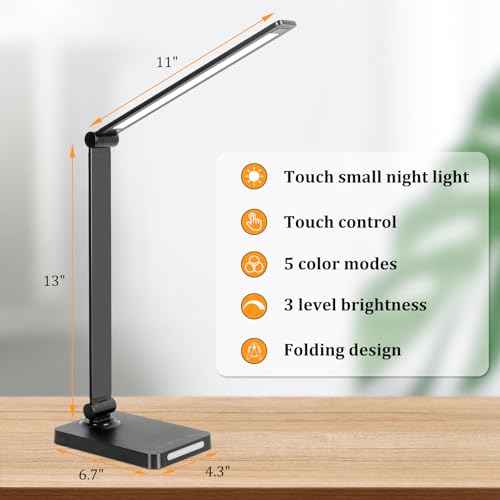 LED Desk Lamp with USB Ports,Touch Desk Lamps for Home Office with 5 Color Modes,3 Brightness Desk Light with Small Night Light,Reading Lamp Table Lamp for Bedroom Bedside Study Black £¨with adapter£©
