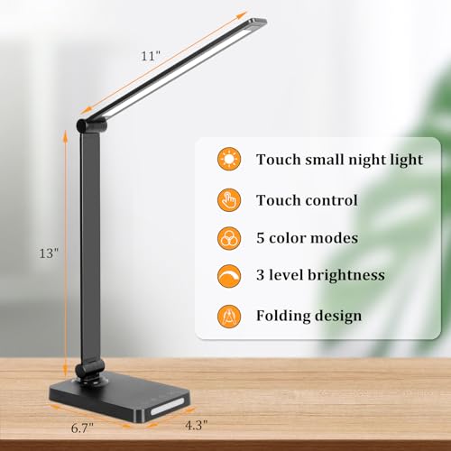 Dott Arts Black LED Desk Lamp with USB Ports, Touch Dimmable, 5 Modes, Foldable