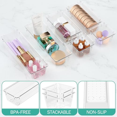 WOWBOX 6 Pack Clear Drawer Organizer Set, Stackable Storage Bins for Kitchen & Office