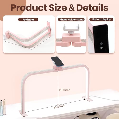 Half Moon Light for Nail Desk Lamp Nail Tech Lamp Foldable Arch Light, 3 Color Temperature Led Desk lamp for Lash Tattoos Beauty Pink