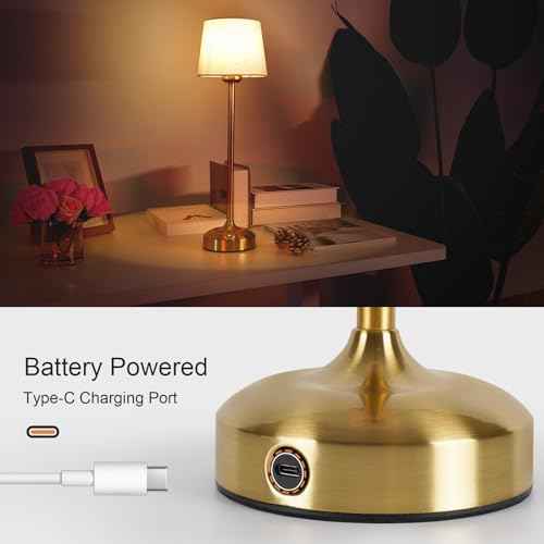 YAYZA! Cordless Table Lamp Adjustable Height Desk lamp, Fabric Shade 7500mAh Rechargeable LED Wireless Touch Night Light Stepless Dimming, 3 Color Temperatures with Edison Bulb (High Gold - 1 Pack)