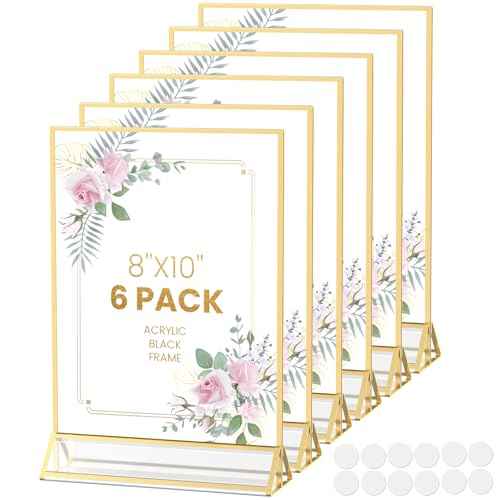 Acrylic Sign Holder 8X10 Gold Frames Double Sided Sign Stand for Picture Frames Wedding Table Number Menu Holder Flyer holder Diaplay Stand with Removable Dot Stickers -6 Pack
