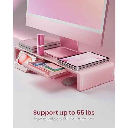 Pink Monitor Stand Riser, Klearlook Foldable, Height Adjustable Computer Stand, Desk Shelf Riser with Storage Drawer &Tablet Phone Stand for Desktop, Laptop
