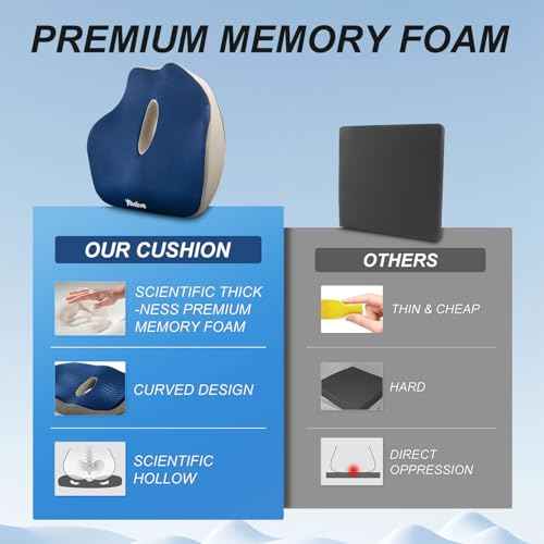 Memory Foam Seat Cushion Butt Support Pillow Office Chair Car Seat Cushion Coccyx Cushion Orthopedic Pillow Removable Cover for Tailbone and Coccyx Pain Relief (Blue, Grey)