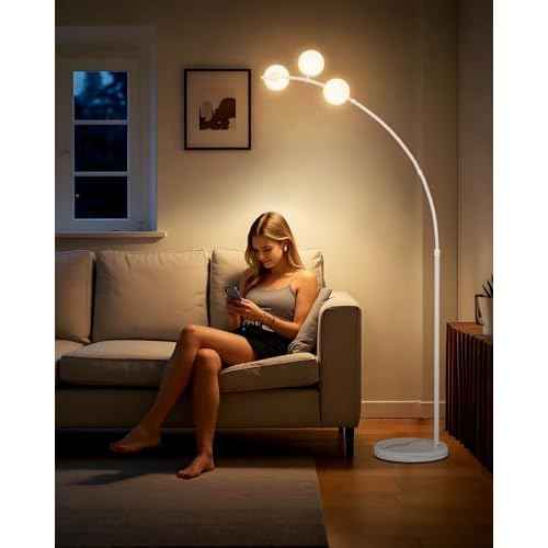 Lightdot Modern Globe Floor Lamp for Living Room, Contemporary White Arc Floor Lamp with 3 Shatterproof Shade, Bulbs Included, 3000K Warmwhite Tall Lamp for Reading