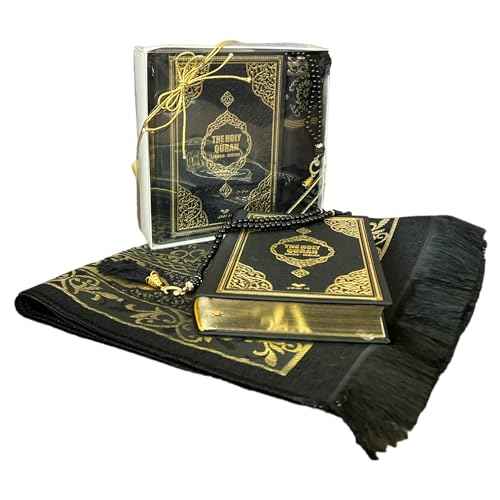 English Translate Thermo Leather Covered Quran, Tafta Prayer Mat and Beads Set |Quran Size:8x5.5x1.2 ?nch/20x14x3cm | Muslim Prayer Mat | Great Ramadan Gifts for Muslim Men,Women (Black, 1 Sets)