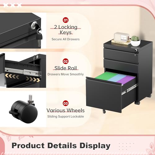 Superday Black 3-Drawer Lockable Mobile File Cabinet with Wheels - Fully Assembled Under-Desk Vertical Office Cabinet (Black / Vertical File Cabinet - 3 Drawer)