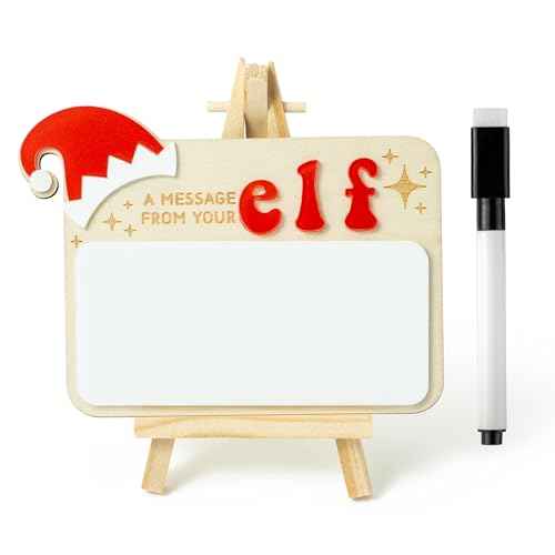 Eartim Christmas Elves Sign - 1Set Elves Message Board with Foldable Wood Tripod Easel Black Marker Dry Erase Whiteboard Home Table Decor Kids Birthday Christmas Gift Holiday Keepsake Xmas Party Favor