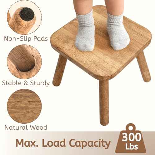 Youeon Square Solid Wooden Step Stool, 11.8 Inch Non-Slip One Step Stool for Adults, Holds up to 300 Lbs, Portable & Sturdy, Footstool for Bedroom, Bathroom, Kitchen, Easy to Assemble