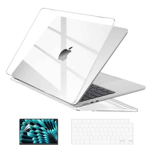 EooCoo Case Compatible with MacBook Air 15 inch M4 2025 2024 2023 Release A3241 M3 A3114 M2 A2941 Liquid Retina Display, Plastic Hard Shell Case + Keyboard Cover + Screen Protector, Crystal Clear