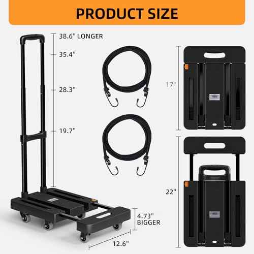 Folding Hand Trucks, Heavy Duty Dolly Cart with 6 Wheels & 2 Elastic Ropes, Foldable & Ideal for Luggage, Travel, Moving, Shopping, Office Use, Hold Up to 500 LB, Easy to Store, Black