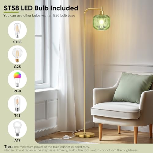 QiMH Glass Floor Lamp for Living Room, Modern Standing Lamp with Ribbed Glass Lampshade Pedal Switch, 67¡± Tall Lamp for Bedroom Study Room, Brushed Gold (2700K LED Bulb Included)