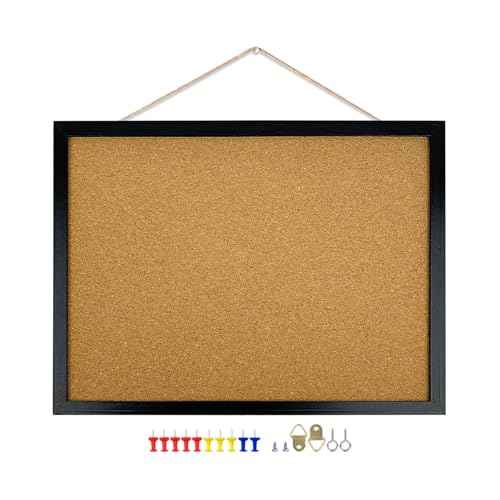 GDMINLO Black Cork Bulletin Board, 17.7 X 13.3 inches with Oak Wood Finish Frame, for Wall Office Home and School (Pins, Eye Bolts, gaskets, Screws)
