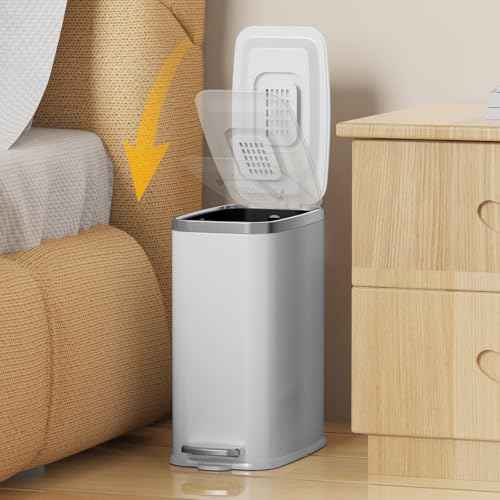 Stainless Steel Bathroom Trash Can with Lid Soft Close,1.6 Gallon Slim Garbage can,Small Metal Step Wastebasket for Office, Bedroom, Toilet, White