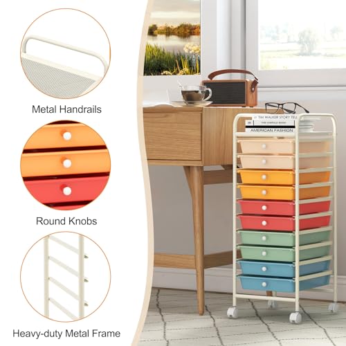 HOMGX Storage Cart with 10 Drawers, 10 Tiers Rolling Drawer Cart with 2 Lockable Wheels, Slim Rolling Storage Cart for Office/School/Home, Macaron