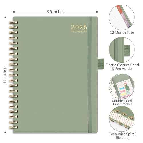 RETTACY 2026 Planner, Weekly and Monthly, Large Size (8.5" x 11"), 2026 Calendar, Jan 2026 - Dec 2026, 12-Month Tabs, Flexible Plastic Cover, 100 GSM Thick Paper (Light Green)