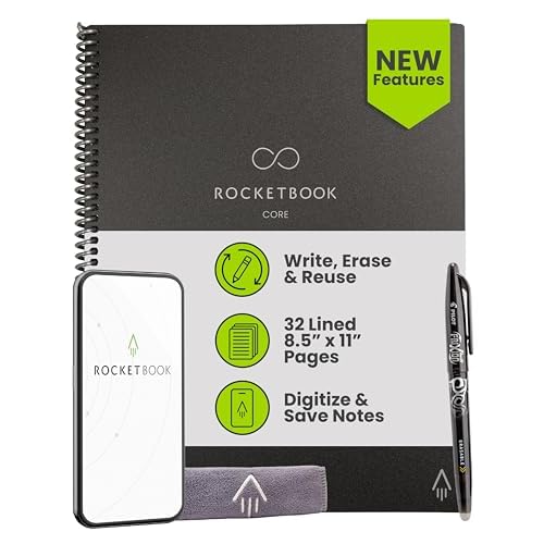 Rocketbook New Core Reusable Spiral Notebook, Letter Size 8.5x11, Black - Lined Pages, App-Connected, Erasable, Durable Cover, Ideal for School, Work, and Creative Projects