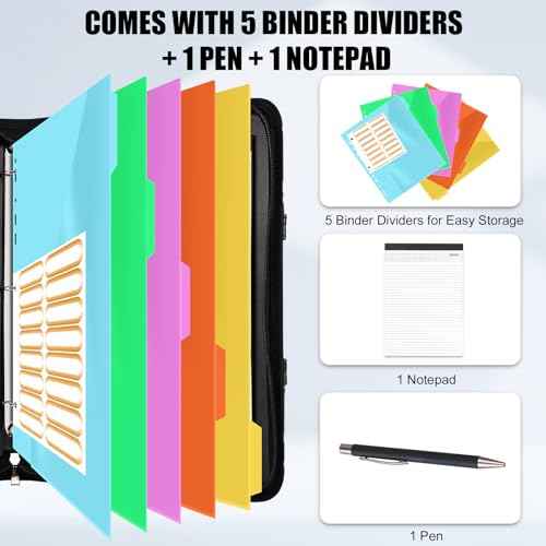 Portfolio Organizer - 3 Ring Binder with Handle, Vegan Leather Business Padfolio Folder with Notepad, Includes 5 Dividers with 10 Pockets for Documents Files