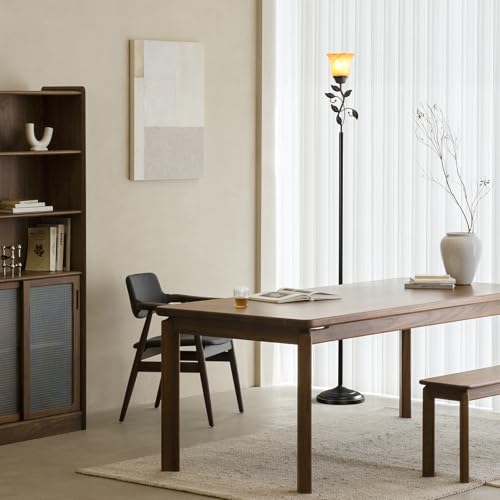 72¡± Flower Farmhouse Floor Lamp for Living Room, Unique Rustic Leaf Tall Standing Lamp with Amber Glass Shade and Traditional Foot Switch for Bedroom, Corner, Office, Bulb Included (Bronze)