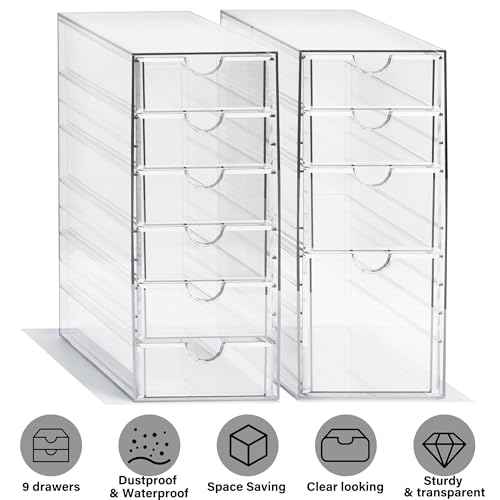Prsildan Acrylic Drawer Makeup Organizer with 10 Drawers, Set of 2 Office Desk Organizers Accessories, Clear Stackable Storage Drawers for Vanity, Countertop, Craft, Jewelry, Art Supply Organization