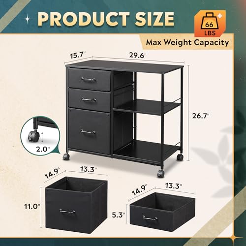 DEVAISE 3 Drawer Mobile File Cabinet, Rolling Printer Stand with Open Storage Shelf, Fabric Lateral Filing Cabinet fits A4 or Letter Size for Home Office, Black