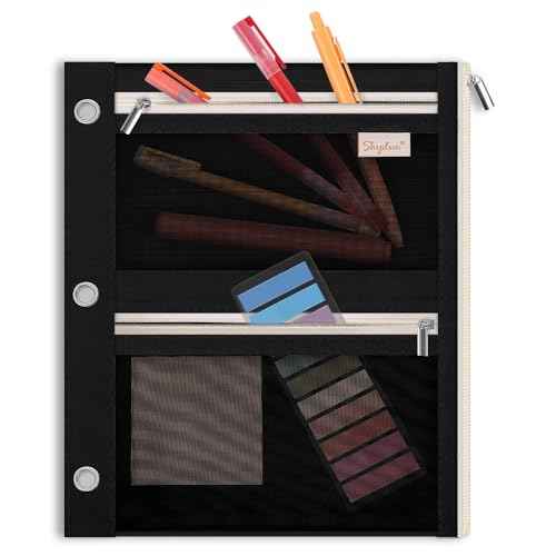 SKYDUE 3 Ring Pencil Pouch for Binder, Zipper Binder Pencil Pouch with 3 Pockets and Mesh Window, Durable Organizer for School Supplies, Cables, Earbuds, Makeup