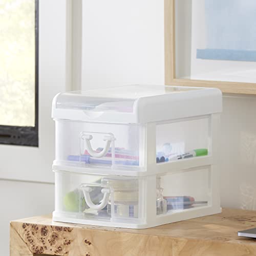 Gracious Living 2 Drawer Desktop & Countertop Organizer with Flip Top Lid for Office Supplies and School Supplies, White/Clear (2 Pack)
