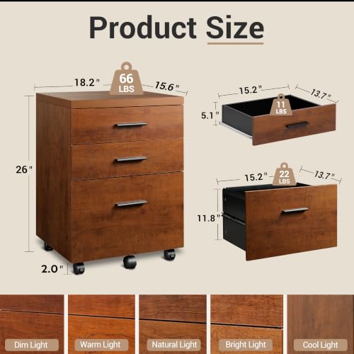 DEVAISE Walnut 3-Drawer File Cabinet - Under Desk Office Storage, 15.7"D x 18.1"W x 25.6"H