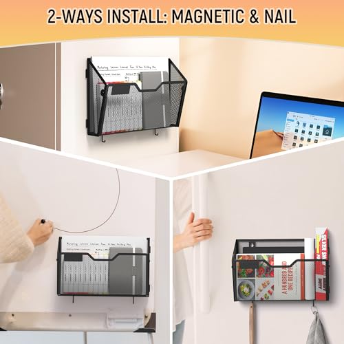 Docnest Magnetic Black 3-Pack Wall Mount Mesh File Holders - Dual-Mount Office Organizer