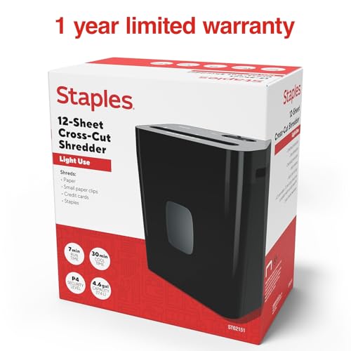 Staples 12-Sheet Cross-Cut Paper Shredder, Quiet, Anti-Jam, Black - Model 1