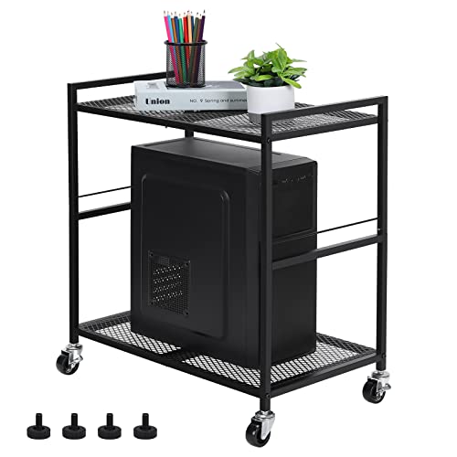 YBING Computer Tower Stand, PC Tower Stand Metal Mobile CPU Holder Stand Cart with Caster Wheels 2 Tier Rolling Printer Cart Under Desk for Fax Home Office Black
