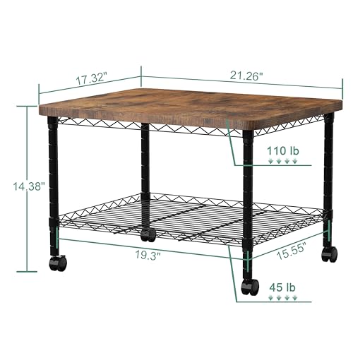 Printer Stand, Under Desk Table, Adjustable Heights 2 Tier Table with Wheels, Industrial Under Desk Heavy-Duty Mobile Cart, Shelf for Small Spaces, Home Office, Rustic Brown