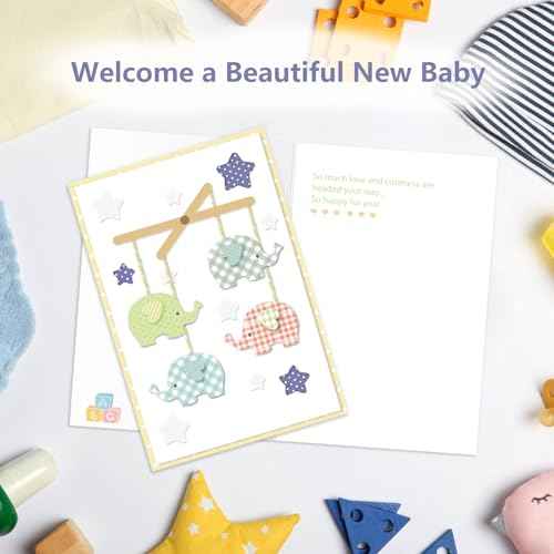 Baby Shower Card - 3D Cute Design Baby Shower Card for Boy or Girl with Envelope and Seal Sticker, 5x8in Welcome New Baby Gender Neutral (Elephants & Stars)