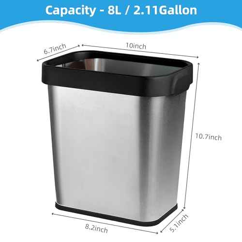 2 Pack Stainless Steel Trash Can 2 Gallon, Open Top Trash Can, 7" x 10" x 11", Rectangle Rubbish Bin, Slim and Narrow, No Lid Small Wastebasketfor Kitchen, Bathroom, Living Room, Office