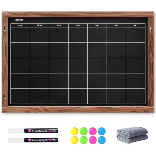 2-in-1 Double-Sided Magnetic Chalkboard 24"x16", Chalk Calendar Board & Large Blackboard for Kitchen & Home Decor, Schedule, Menu, Back-to-School Gift - Hanging Chalk Board with 2 Liquid Pens, Brown