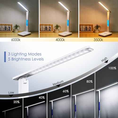 Multifunctional LED Desk Lamp with Wireless Charger,USB Charging Port,Clock,Phone Holder,Desk Lamps for Home Office,Eye-Caring Reading Lamp,Study Lamp for Boys,Girls,Teens,White