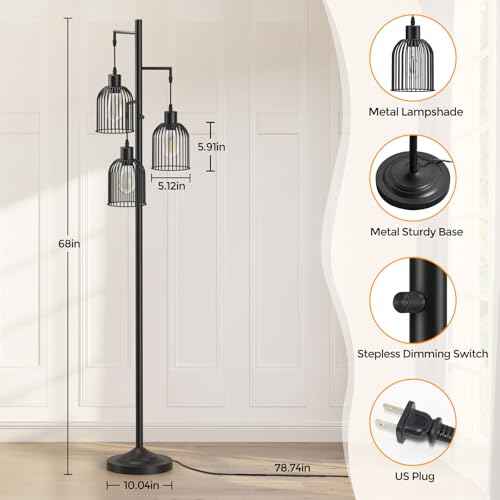 Stepless Dimmable Floor Lamps with Hanging Lampshades 3 Lights Boho Floor Lamps with 3 PCS 6W Bulbs Tree Standing Lamp Tall Pole Lamp for Living Room Bedroom Office, Black