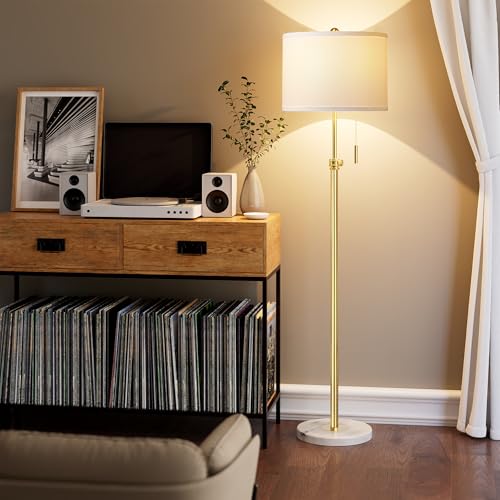 PARTPHONER Floor Lamp for Living Room, 66'' Adjustable Height Standing Lamp with Marble Base, 3-Color Tall Lamps with Pull Chain, Suitable for Bedroom, Reading, Office (Bulb Included, White Shade)