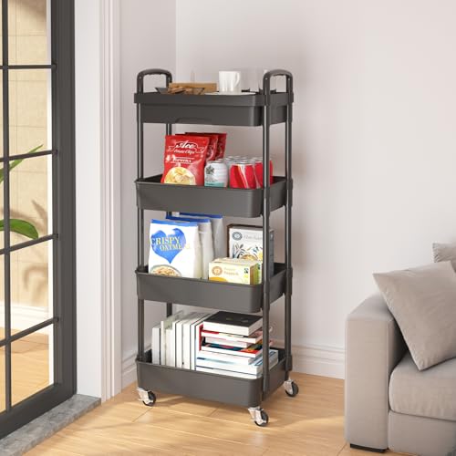 Calmootey Black 4-Tier Utility Cart with Drawer & Wheels - Home & Office Storage