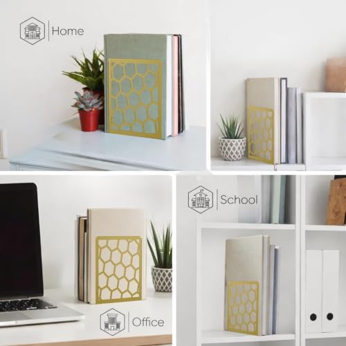 GEOMOD Gold Geometric Honeycomb Metal Bookends - 2 Pair, Heavy Duty Home Office Shelving